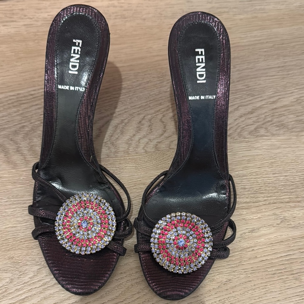 Fendi Black and Red Stiletto Heels with Decorative Medallions